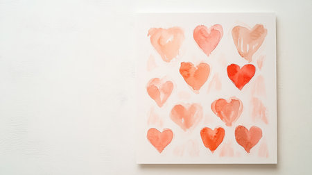 A beautiful arrangement of heart shapes in soft watercolor shades against a white background. Perfect for decor or romantic themes.の素材