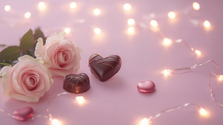 Beautiful arrangement of chocolate hearts and delicate pink roses with fairy lights, perfect for expressing love and celebrating special moments.の素材