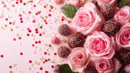 A stunning display of pink roses combined with delightful chocolate treats and vibrant confetti, perfect for celebrations, gifts, or romantic occasions.の素材