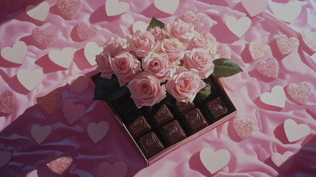 A stunning display of pink roses paired with chocolates, set on a soft pink silk background with heart shapes. Perfect for romantic occasions and celebrations.の素材