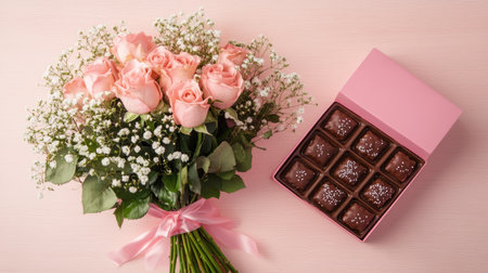 A stunning arrangement of pink roses paired with a box of chocolates, perfect for celebrating romance or special occasions. The delicate flowers and sweets create a memorable gift.の素材