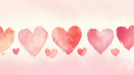 This lovely watercolor illustration features soft pastel hearts arranged in a delightful pattern. Perfect for romantic themes and artistic projects.の素材