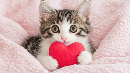 An adorable kitten nestled on a soft pink blanket, proudly holding a red heart. This charming image captures the warmth and joy of pet companionship. Perfect for conveying love and cuteness.の素材