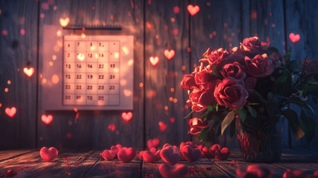 A charming arrangement of roses beside a calendar adorned with hearts, creating a romantic atmosphere. Perfect for love-themed events and celebrations.の素材
