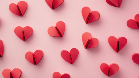 A charming arrangement of red paper hearts on a soft pink background, perfect for romantic celebrations or decorative purposes. A delightful visual suitable for various occasions.の素材