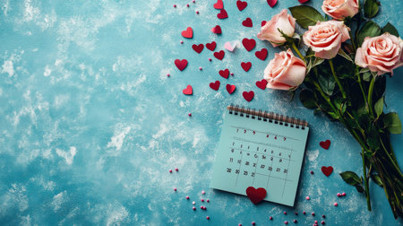A beautiful romantic setup featuring a calendar, pink roses, and tiny red hearts. Perfect for celebrating love, planning surprises, and capturing joyful moments.の素材