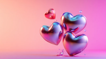 Four colorful heart shapes float gracefully against a soft gradient backdrop, creating a whimsical and joyful scene. Bubbles add a playful touch.の素材