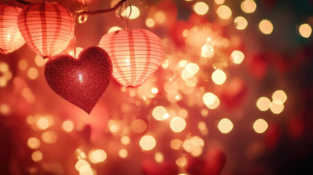 Vibrant heart-shaped lanterns glowing softly with a dreamy bokeh background. Perfect for romantic occasions, these decorative elements evoke feelings of love and celebration.の素材