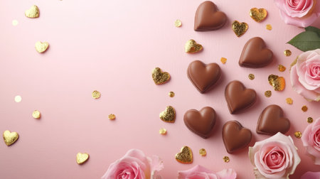 Delightful arrangement of chocolate hearts surrounded by pink roses and golden confetti, perfect for romantic occasions and celebrations, creating an inviting atmosphere.の素材