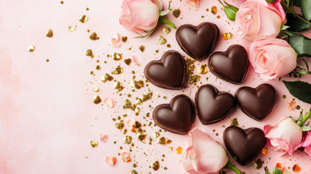 An aesthetically pleasing arrangement featuring dark chocolate hearts, pink roses, and sparkling petals. Perfect for celebrating love and special moments.の素材