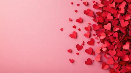A vibrant display of red paper hearts cascading over a soft pink background, perfect for capturing themes of love, affection, and celebration in various designs and projects.の素材