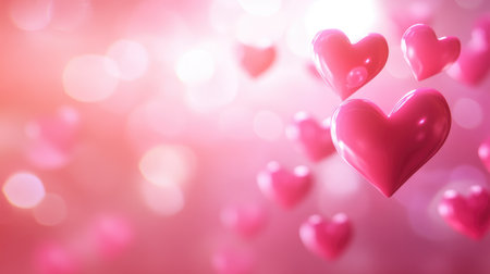 This image features floating pink hearts set against a soft blurred background with bokeh effects, evoking feelings of love and joy perfect for romantic occasions.の素材