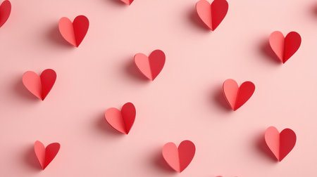 A delightful assortment of colorful paper hearts in various sizes and shades of pink and red, arranged on a soft pink background, perfect for romantic themes.の素材