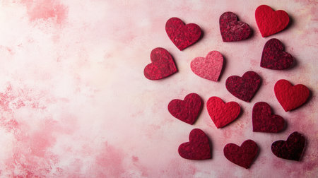 A vibrant arrangement of colorful heart shapes on a soft pink background, perfect for themes of love and romance. Ideal for decorations or crafts.の素材