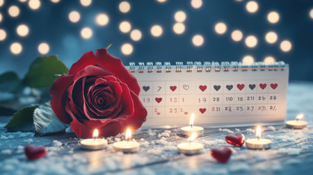 A beautiful arrangement featuring a calendar marked with hearts, a red rose, and lit candles. Perfect for capturing the essence of romance and love.の素材