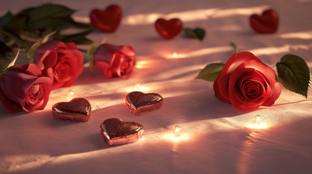 A beautiful arrangement featuring vibrant red roses, heart-shaped chocolates, and soft lighting, perfect for romantic occasions or celebrations of love.の素材