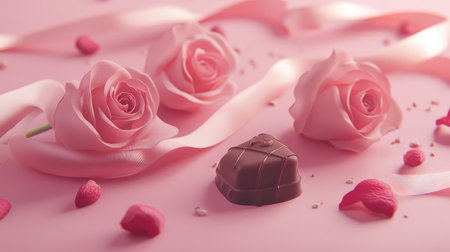 Delicate pink roses accompanied by sweet chocolate and ribbons create a romantic atmosphere. Perfect for celebrations, love, and special moments.の素材