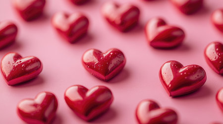 A delightful arrangement of red heart-shaped candies on a soft pink background. This colorful and glossy display evokes feelings of love and joy, perfect for festive occasions.の素材