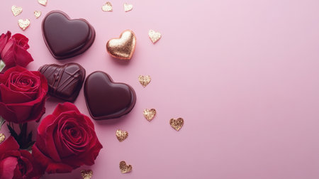 A beautiful arrangement featuring chocolate hearts, vibrant red roses, and sparkling golden hearts on a pink background, perfect for romantic celebrations.の素材
