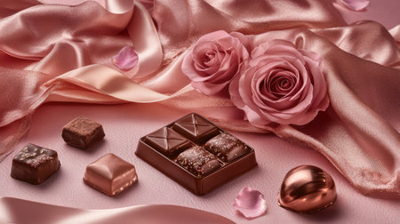 A beautifully styled arrangement featuring luxurious chocolates beside delicate pink roses on soft silk fabric. Ideal for showcasing romance and elegance.の素材