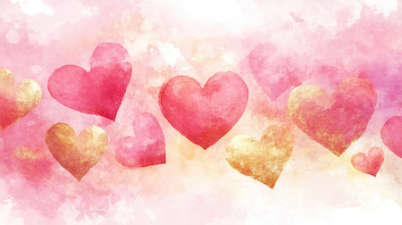 A beautiful array of watercolor hearts in shades of pink and gold on a soft, dreamy background. Perfect for romantic designs and creative projects.の素材