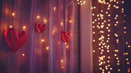 Beautiful romantic hearts hang against a soft backdrop, illuminated by warm string lights. This setting creates an inviting atmosphere perfect for celebrations.の素材