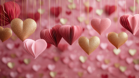 Delightful scene featuring colorful paper hearts suspended in the air, creating a whimsical atmosphere against a soft pink background. Perfect for celebrations.の素材
