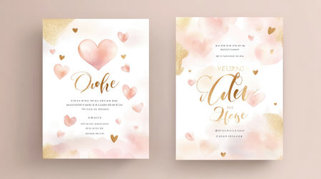 Discover a beautiful wedding invitation design featuring soft hearts and elegant gold accents. Perfect for romantic celebrations and memorable events.の素材