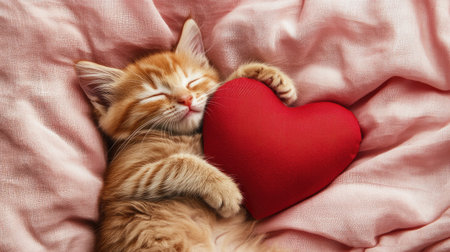 This charming image captures an adorable ginger kitten peacefully sleeping with a vibrant red heart pillow, surrounded by a soft pink blanket. Perfect for expressing warmth and love.の素材