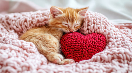 A charming orange kitten sleeps soundly on a soft blanket, nestled against a vibrant red heart plush toy, radiating warmth and tranquility.の素材