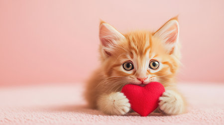 A charming ginger kitten holds a red heart toy against a soft pink background, radiating cuteness and warmth, perfect for conveying love and affection.の素材