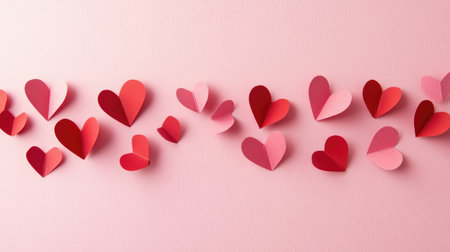A charming arrangement of colorful paper hearts in various shades of red and pink on a soft pastel background. Perfect for romantic themes.の素材