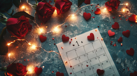This captivating image features a romantic setup with red roses, heart shapes, and a calendar highlighting a special date, perfect for Valentine's Day celebrations.の素材