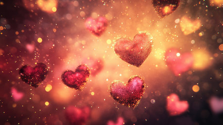 This enchanting image features shimmering hearts floating in a dreamy, magical atmosphere, perfect for conveying love and joy during celebrations and romantic moments.の素材