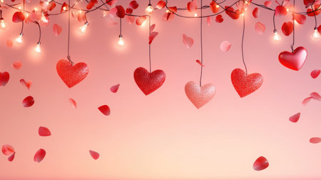 Charming heart decorations hang with flower petals, creating a romantic atmosphere. Soft lights enhance the festive feel, perfect for celebrations and events.の素材