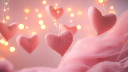 Delicate pink hearts hang gracefully in a soft ambiance, illuminated by shimmering lights. This romantic decoration evokes feelings of love and warmth.の素材