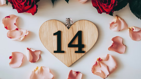 A beautifully arranged heart-shaped wooden sign featuring the number 14, surrounded by vibrant red roses and delicate pink petals, perfect for romantic occasions.の素材