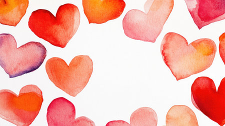 Beautiful collection of colorful watercolor hearts in vibrant shades on a white background. Perfect for various creative projects, invitations, or artwork.の素材
