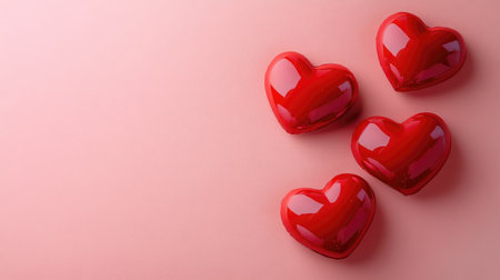 This image features four shiny red hearts arranged on a soft pink background, perfect for romantic themes, decorations, or celebrations of love.の素材