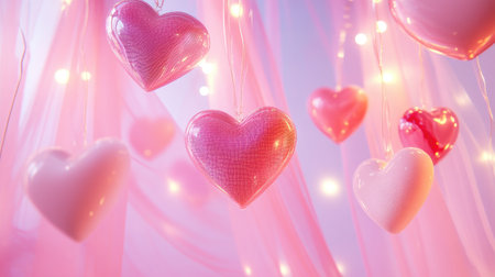 This enchanting image features colorful hearts hanging against a soft, pink backdrop, accented with twinkling lights. Perfect for romantic themes and celebrations.の素材