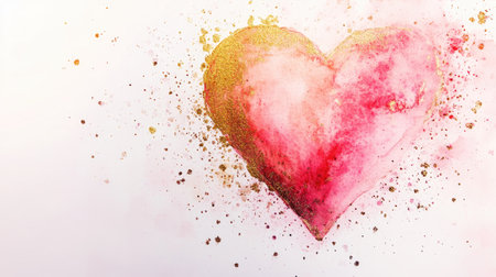 A beautiful watercolor heart creation with golden splashes, set against a pristine white background. This artwork evokes emotions of love and joy.の素材