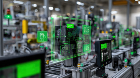 Explore a cutting-edge industrial workspace featuring advanced technology and data visualization. Screens display essential information, enhancing manufacturing efficiency.の素材