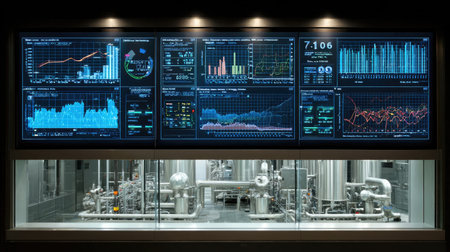 A high-tech digital dashboard showcases a variety of real-time data visualizations and analytics, perfect for monitoring and controlling industrial processes effectively.の素材