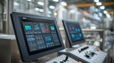 This image depicts a modern industrial control panel with touchscreen displays, showcasing real-time data and statistics within a factory setting.の素材