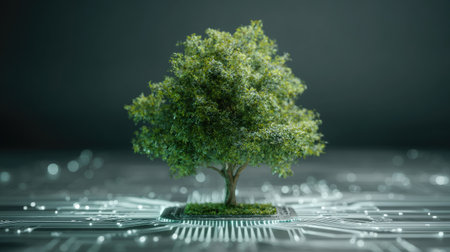 This image depicts a lush tree emerging from a computer circuit board, symbolizing the harmonious blend of nature and technology in the modern world.の素材