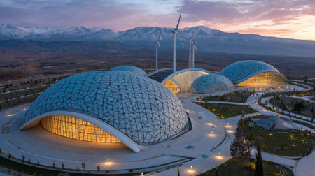 A stunning view of innovative dome-shaped buildings integrated with wind turbines amid a serene mountainous backdrop, showcasing modern architecture and sustainability.の素材