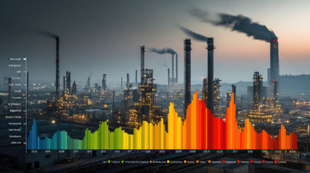 A striking industrial skyline at dusk showcases smokestacks and illuminated factories. An overlay graph provides a visual representation of energy consumption trends.の素材