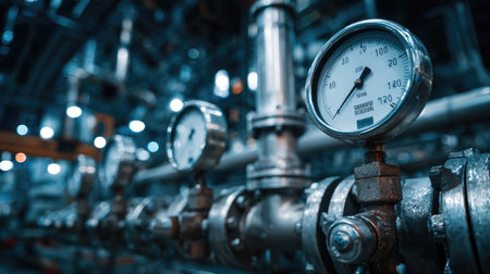 Close-up view of industrial pressure gauges attached to steel pipes in a modern facility, showcasing essential equipment used for monitoring and controlling pressure levels in operations.の素材