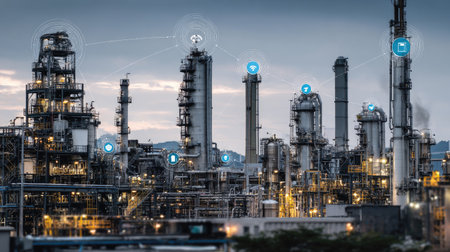 This image features a modern industrial complex highlighting technology integration in chemical processing. It captures machinery, infrastructure, and digital connectivity in an urban setting.の素材