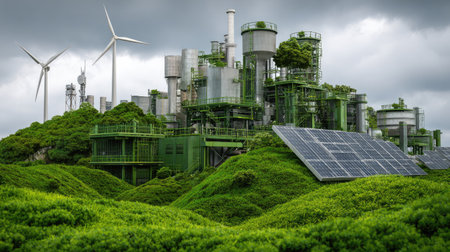 This striking image showcases an eco-friendly industrial complex surrounded by lush greenery, featuring solar panels and wind turbines under a dramatic sky, highlighting sustainable innovation.の素材